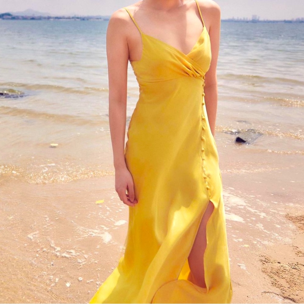 Zara Yellow Satin Buttoned Slip Dress